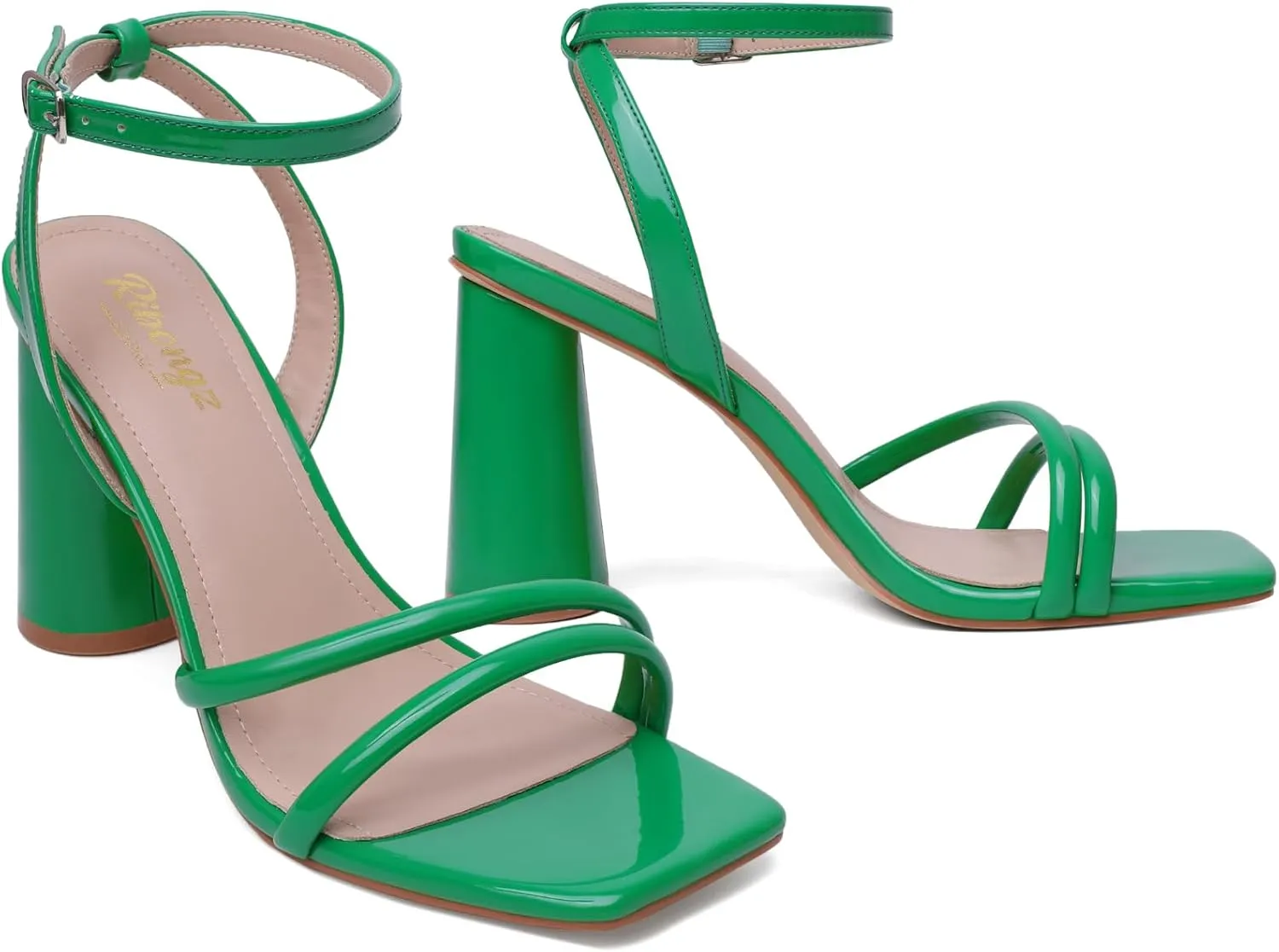 RIBONGZ Block Heels Prom Heeled Sandals for Women Chunky Square Open Toe Strappy High Heels Ankle Strap Wedding Bridal Shoes High Heel Sandals for Party Dress