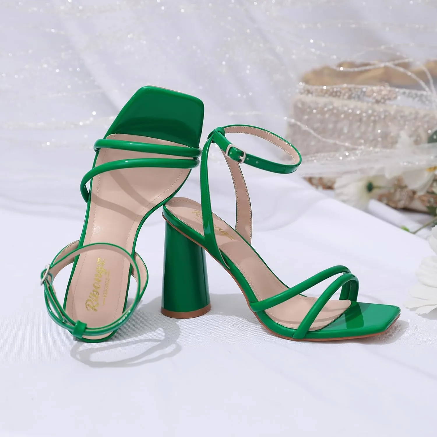 RIBONGZ Block Heels Prom Heeled Sandals for Women Chunky Square Open Toe Strappy High Heels Ankle Strap Wedding Bridal Shoes High Heel Sandals for Party Dress