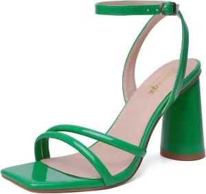 RIBONGZ Block Heels Prom Heeled Sandals for Women Chunky Square Open Toe Strappy High Heels Ankle Strap Wedding Bridal Shoes High Heel Sandals for Party Dress
