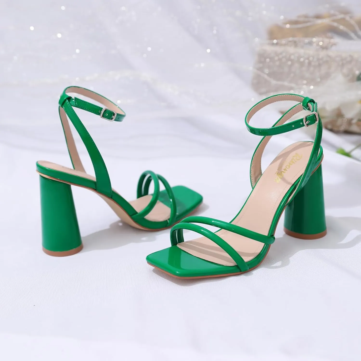 RIBONGZ Block Heels Prom Heeled Sandals for Women Chunky Square Open Toe Strappy High Heels Ankle Strap Wedding Bridal Shoes High Heel Sandals for Party Dress