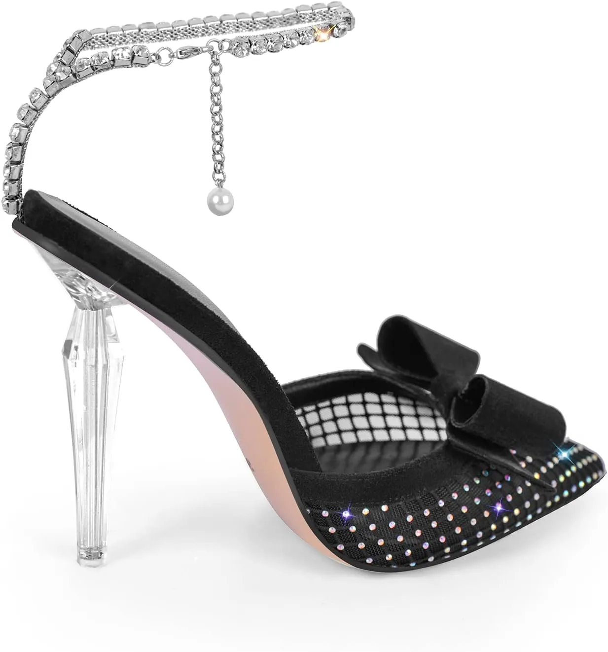 Richealnana Women's Bowknot Mesh Ankle Strap Diamonds chains Clear Heel Sandals For Party Prom