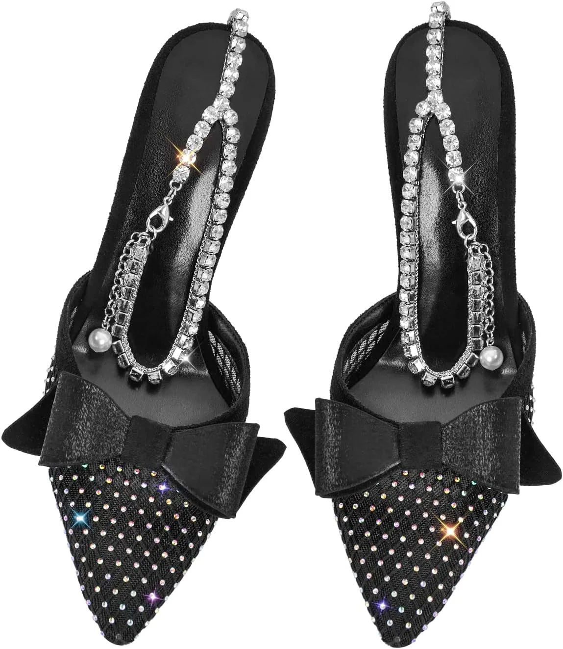 Richealnana Women's Bowknot Mesh Ankle Strap Diamonds chains Clear Heel Sandals For Party Prom