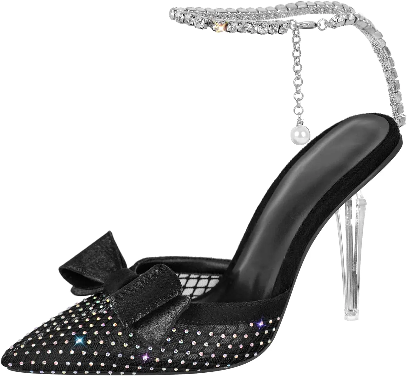 Richealnana Women's Bowknot Mesh Ankle Strap Diamonds chains Clear Heel Sandals For Party Prom