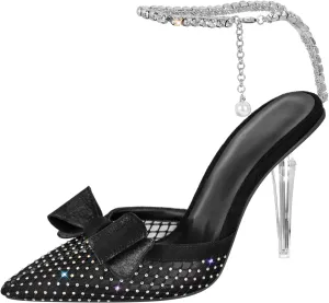 Richealnana Women's Bowknot Mesh Ankle Strap Diamonds chains Clear Heel Sandals For Party Prom