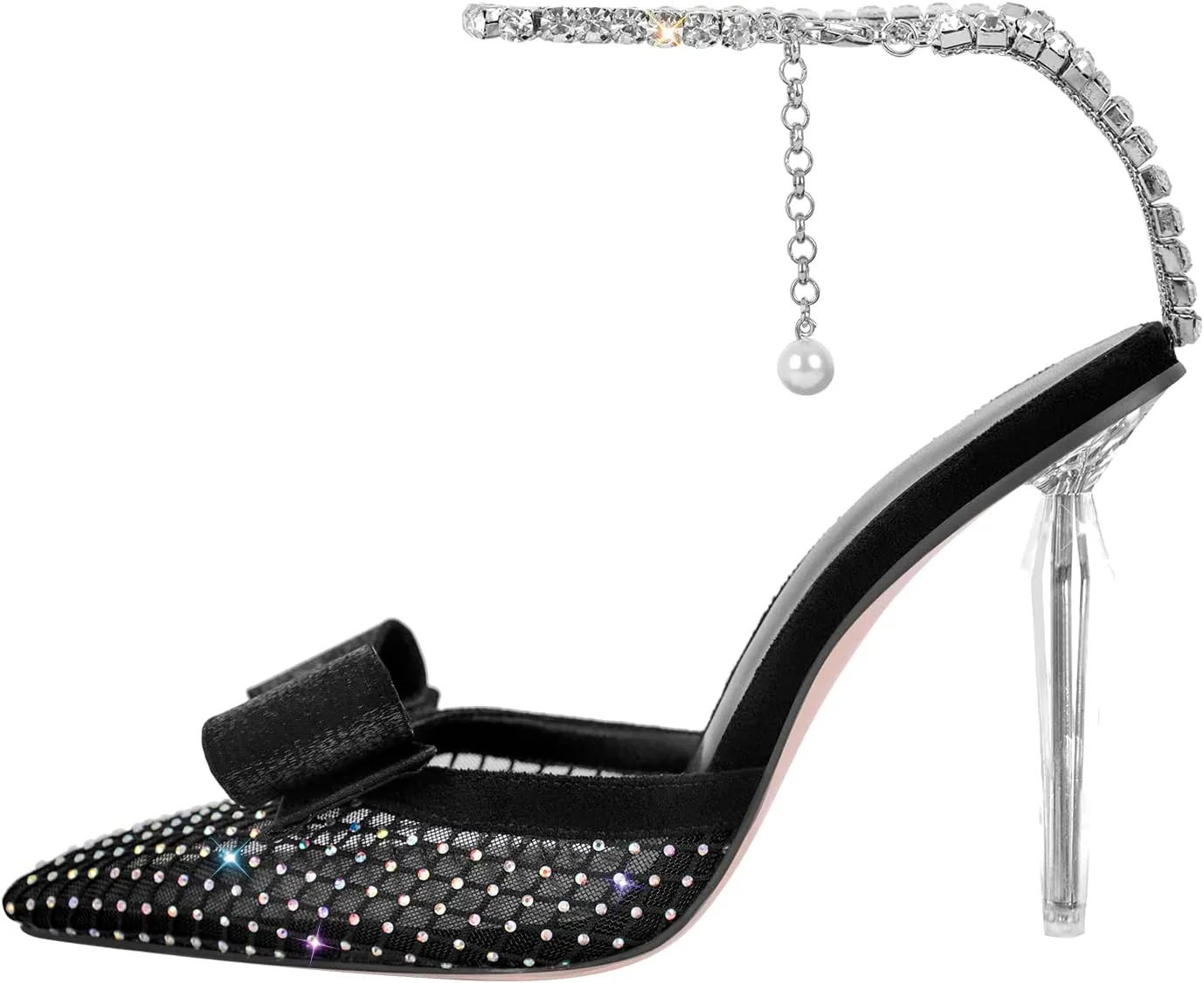 Richealnana Women's Bowknot Mesh Ankle Strap Diamonds chains Clear Heel Sandals For Party Prom