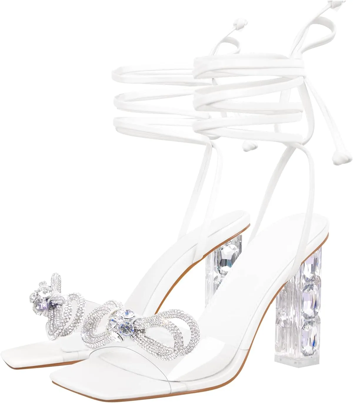Richealnana Women's Clear Rhinestones Bowknot Sandals For Party Prom Dance Square Toe Chunky Heel