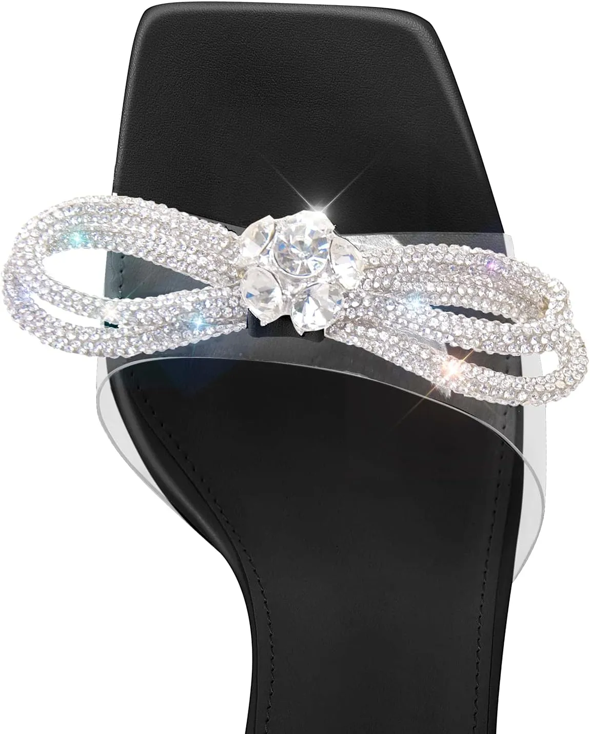 Richealnana Women's Clear Rhinestones Bowknot Sandals For Party Prom Dance Square Toe Chunky Heel