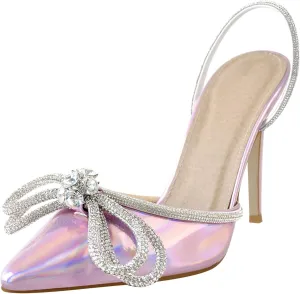 Richealnana Women's Rhinestones Bow-knot Slingback Sandals Pointed Toe Stilettos For Party Prom