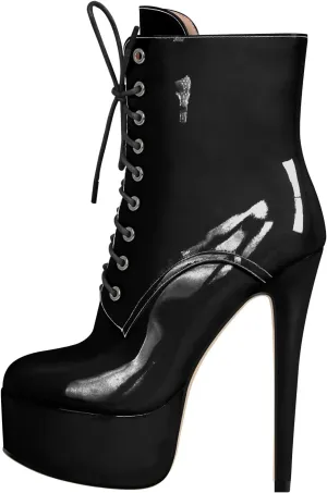 richealnini Women's Ankle Boots Lace Up Short Booties Platform Stiletto High Heels Patent Leather Dressy Boots
