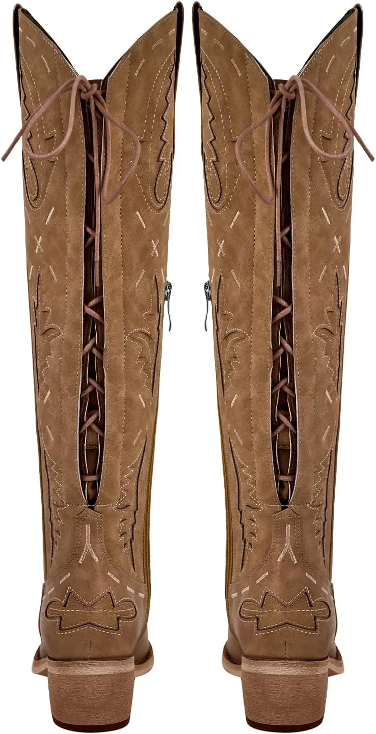 richealnini Women's Embroidered Knee High Boots Zipper Dressy Adjustable Lace Up Western Cowboy Boots