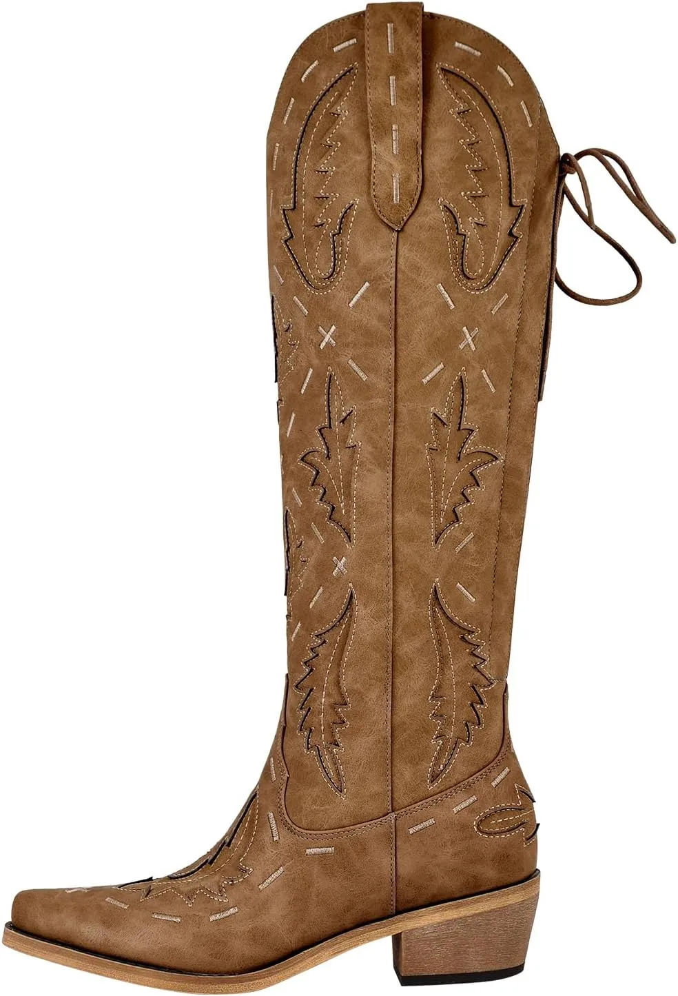 richealnini Women's Embroidered Knee High Boots Zipper Dressy Adjustable Lace Up Western Cowboy Boots