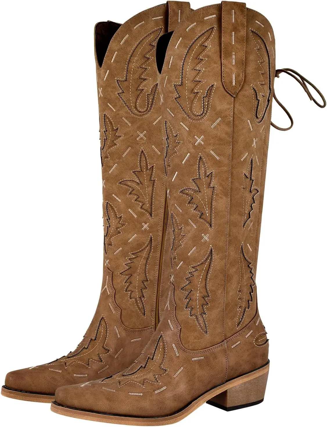 richealnini Women's Embroidered Knee High Boots Zipper Dressy Adjustable Lace Up Western Cowboy Boots