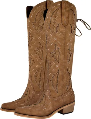 richealnini Women's Embroidered Knee High Boots Zipper Dressy Adjustable Lace Up Western Cowboy Boots