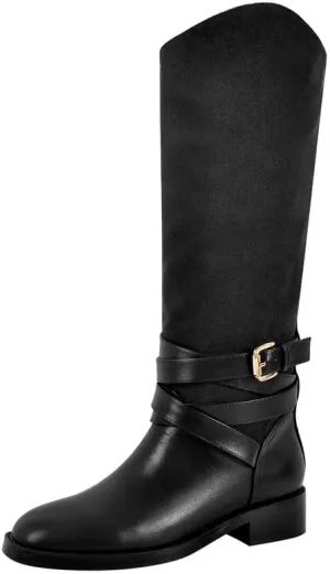 Riding Boots for Women Flat Wide Calf Low Heels Boot Knee High Pointed Toe Buckle Booties