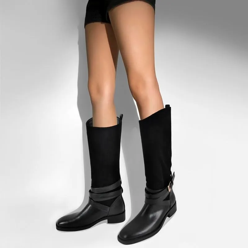 Riding Boots for Women Flat Wide Calf Low Heels Boot Knee High Pointed Toe Buckle Booties