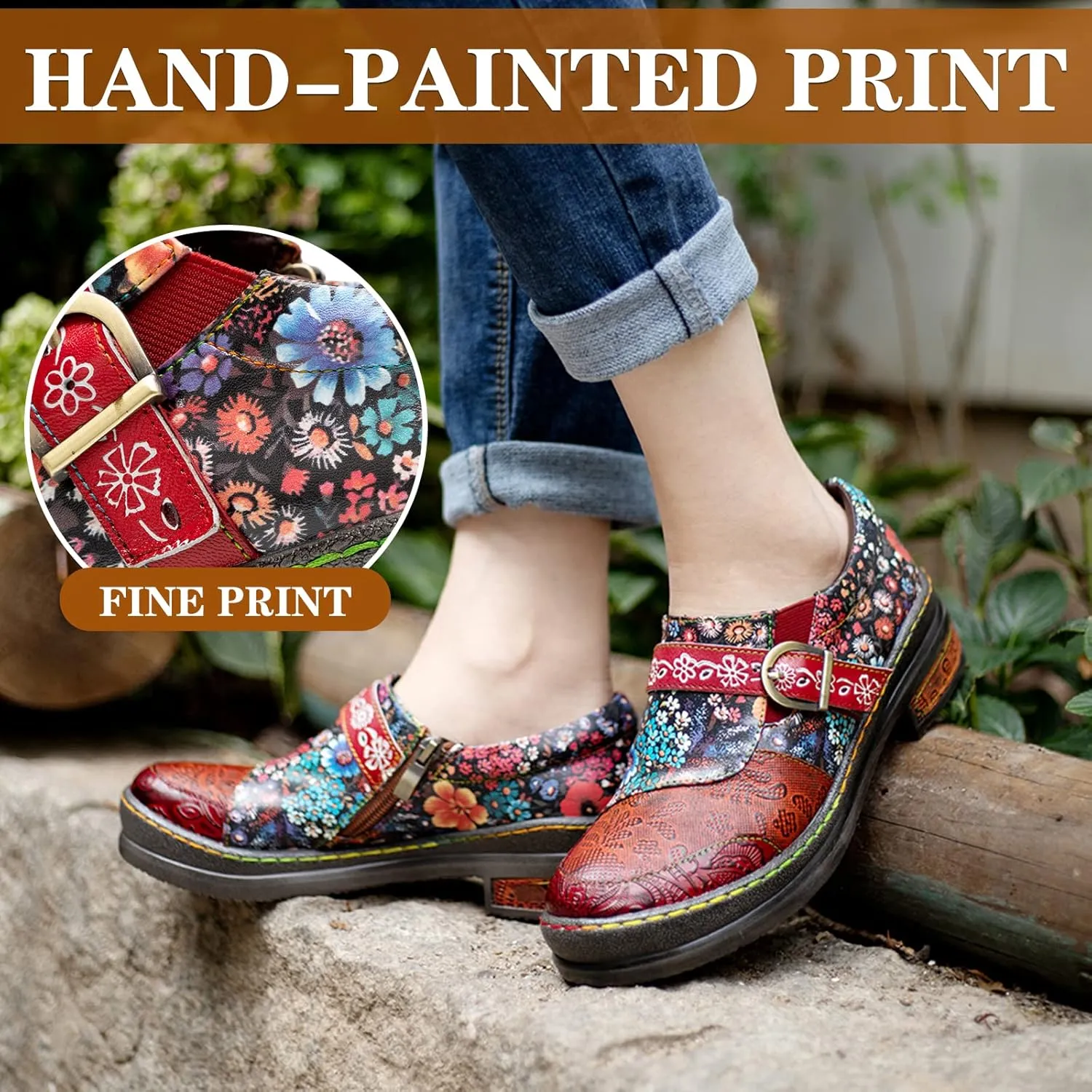 Riutiru Women's Handmade Lambskin Mary Jane Loafers Shoes, Retro Ethnic Print Style and Brock-Style Design