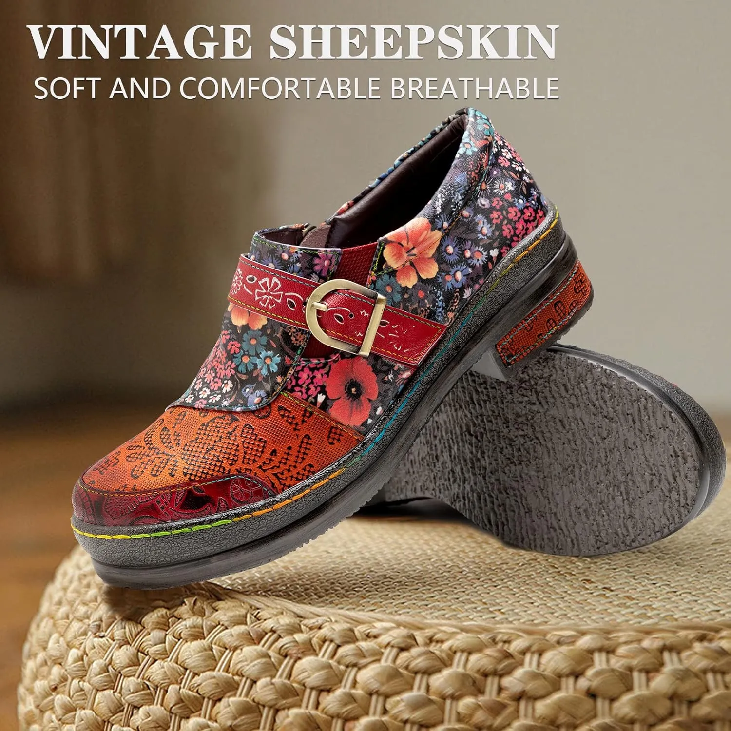 Riutiru Women's Handmade Lambskin Mary Jane Loafers Shoes, Retro Ethnic Print Style and Brock-Style Design