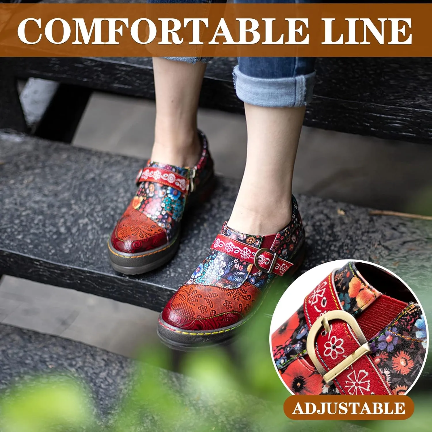 Riutiru Women's Handmade Lambskin Mary Jane Loafers Shoes, Retro Ethnic Print Style and Brock-Style Design