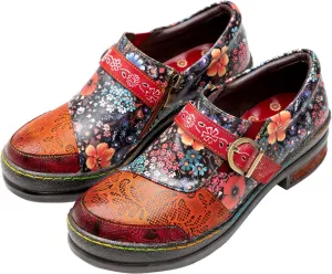 Riutiru Women's Handmade Lambskin Mary Jane Loafers Shoes, Retro Ethnic Print Style and Brock-Style Design
