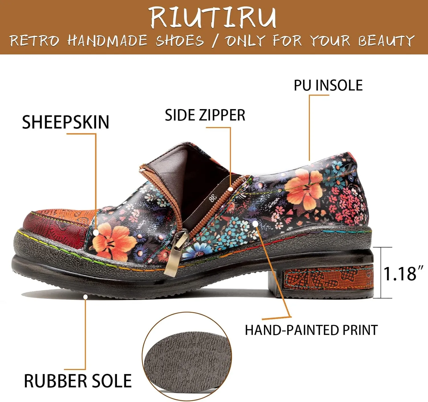 Riutiru Women's Handmade Lambskin Mary Jane Loafers Shoes, Retro Ethnic Print Style and Brock-Style Design