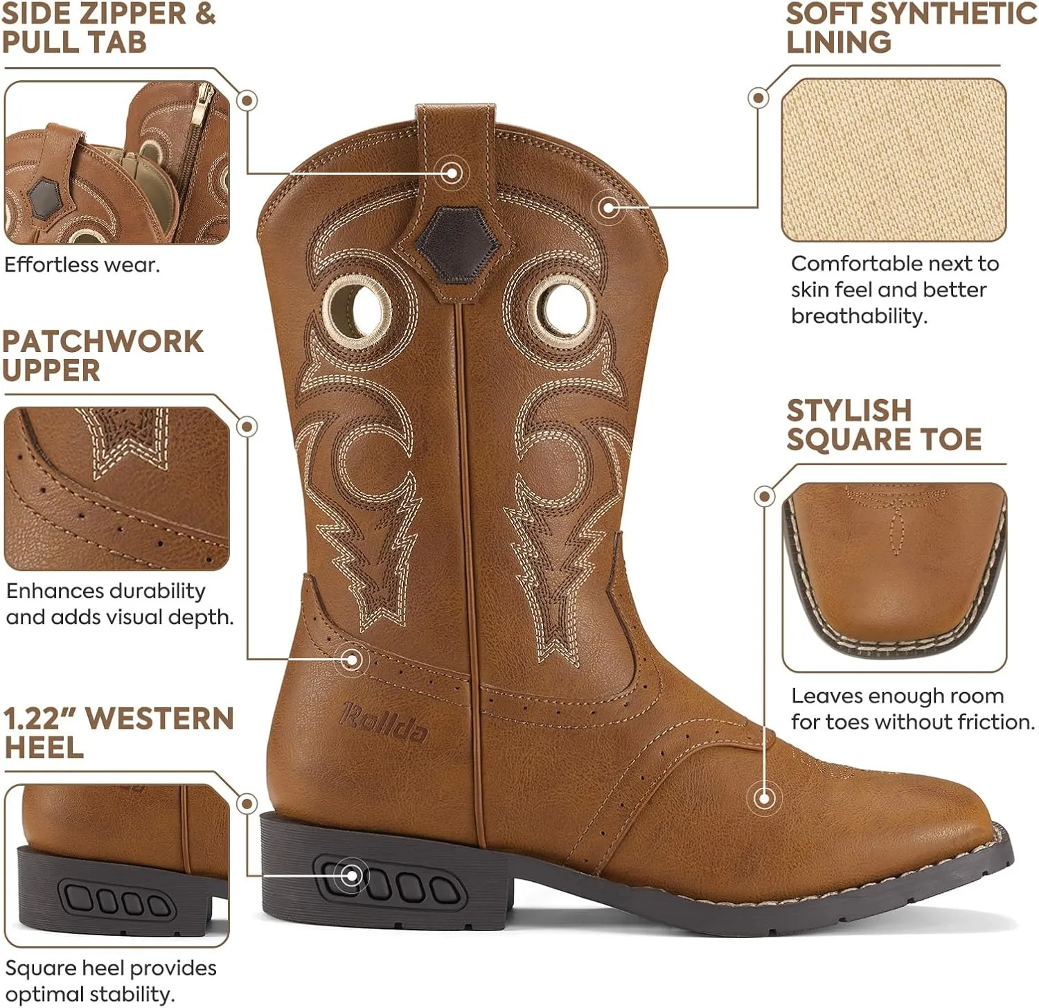Rollda Boys Cowboy Boots Kids Cowgirl Boots Square Toe Boys Western Boots for Little Kid Big Kid