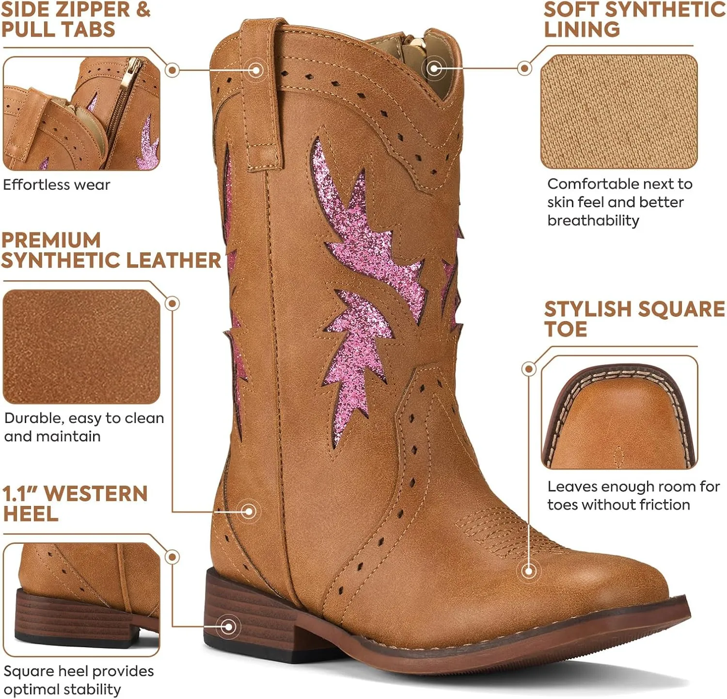Rollda Girls Cowgirl Boots Kids Cowboy Boots Square Toe Girls Western Boots for Toddler/Little Kid/Big Kid