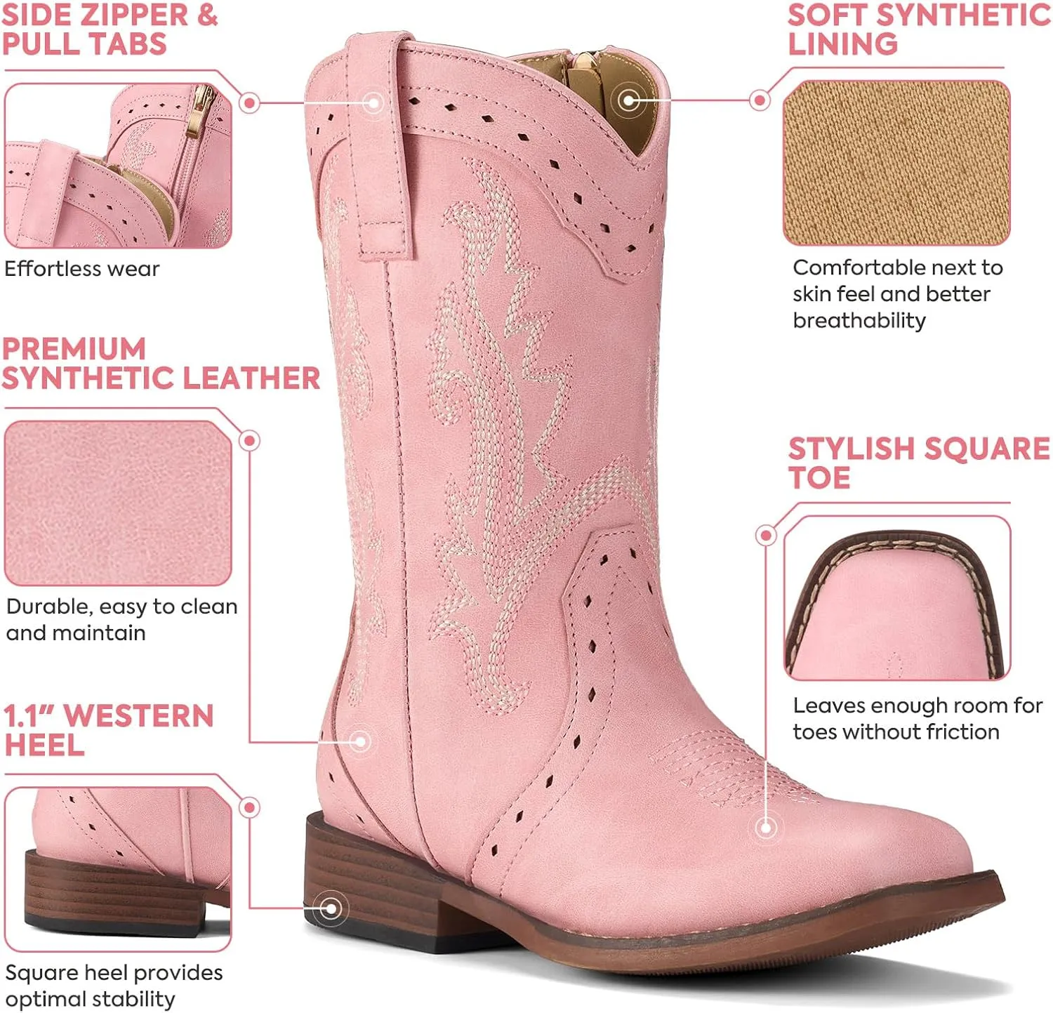 Rollda Girls Cowgirl Boots Kids Cowboy Boots Square Toe Girls Western Boots for Toddler/Little Kid/Big Kid