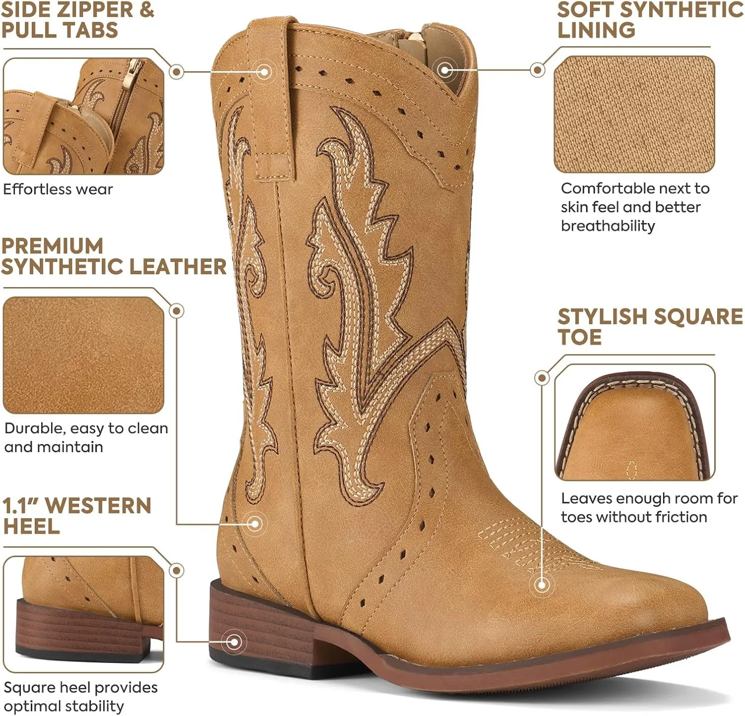 Rollda Girls Cowgirl Boots Kids Cowboy Boots Square Toe Girls Western Boots for Toddler/Little Kid/Big Kid