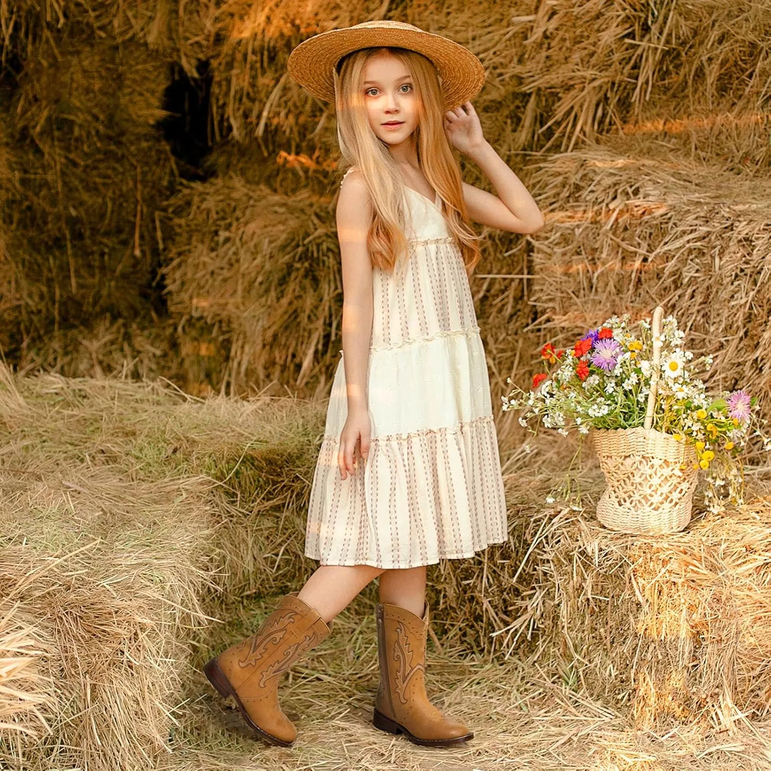 Rollda Girls Cowgirl Boots Kids Cowboy Boots Square Toe Girls Western Boots for Toddler/Little Kid/Big Kid