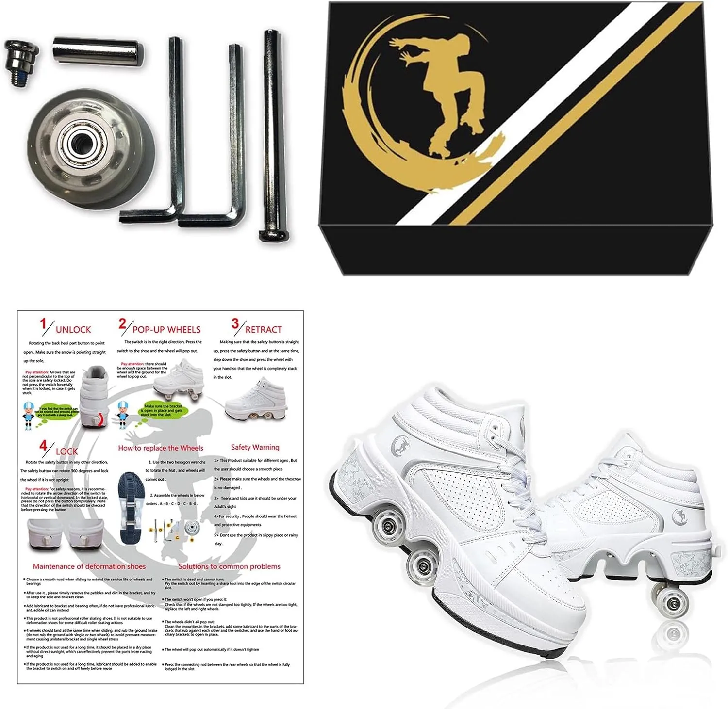 Roller Skate Shoes for Women Four Rounds Children's Roller Skates Shoes That Turn into Rollerskates Sneakers Outdoor Light Shoes with Wheels for Girls/Boys