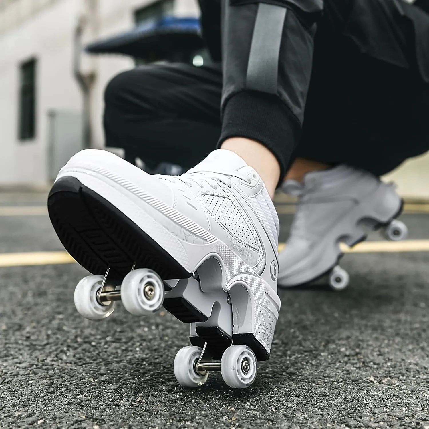 Roller Skate Shoes for Women Four Rounds Children's Roller Skates Shoes That Turn into Rollerskates Sneakers Outdoor Light Shoes with Wheels for Girls/Boys