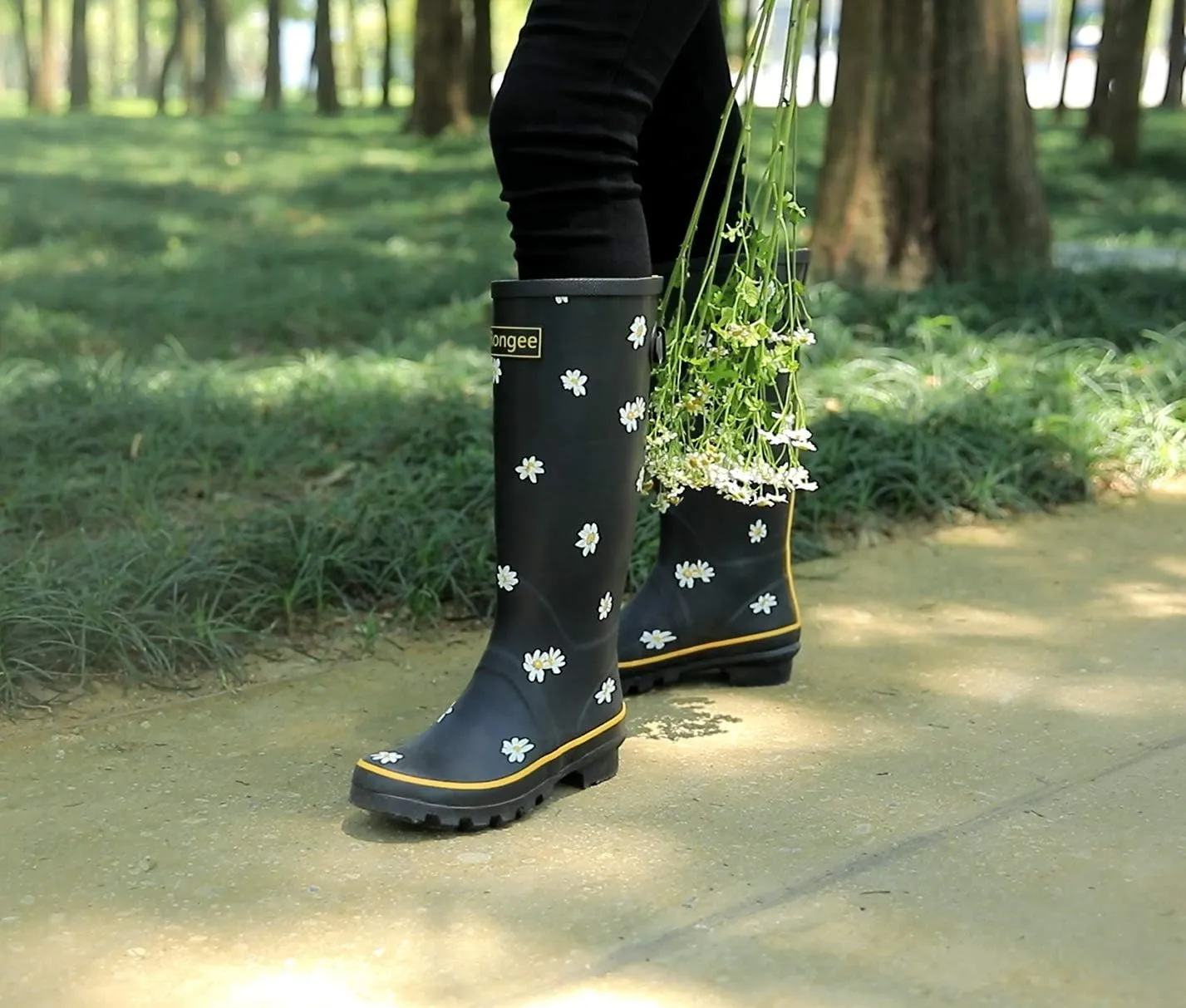 Rongee Rain Boots for Women Waterproof Floral Printed with Adjustable Buckle