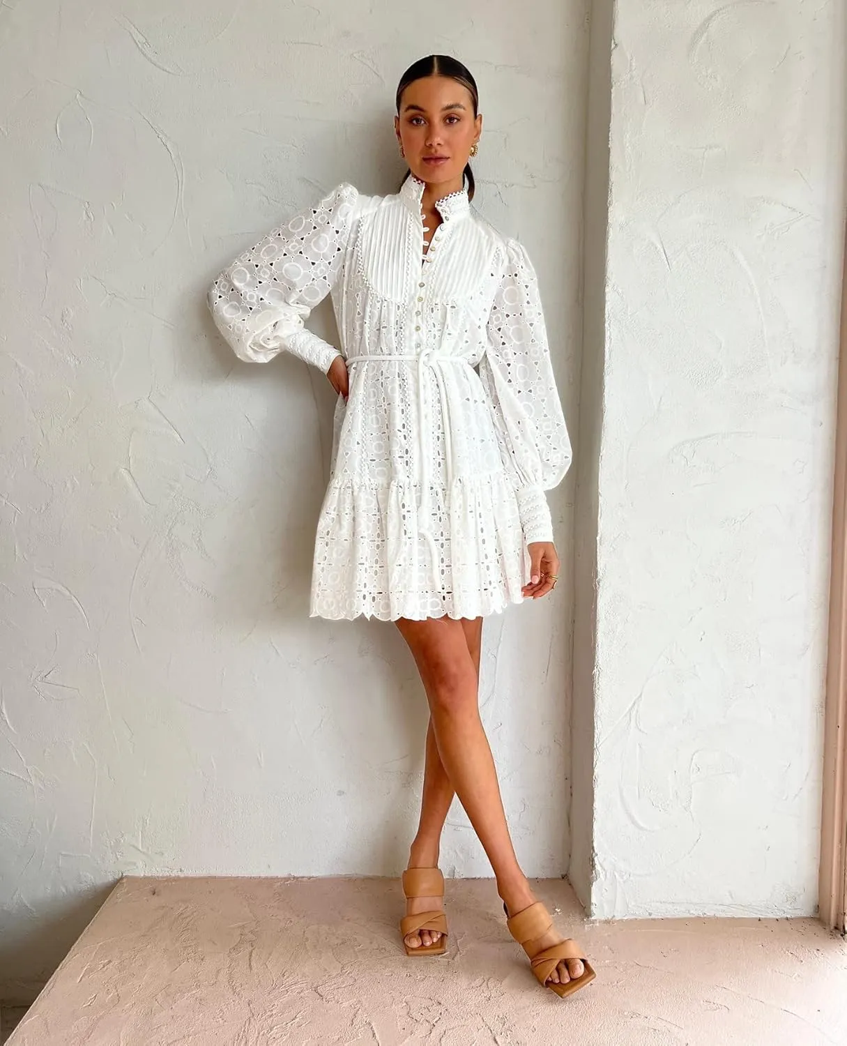Ruffle Sleeve Tunic Midi Dress Flowy Shift Sundress Sweet Babydoll Button Down Swing Skirt
