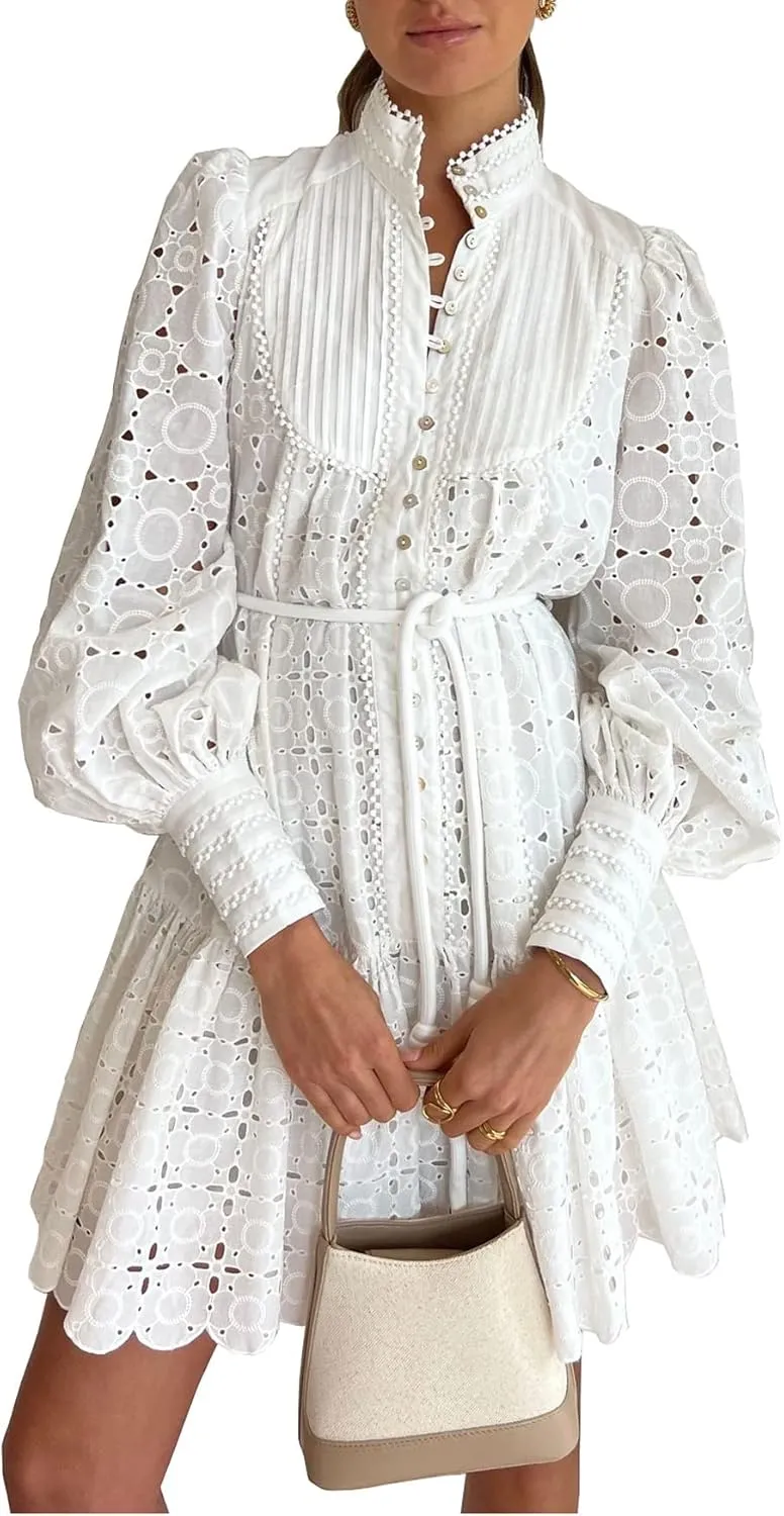 Ruffle Sleeve Tunic Midi Dress Flowy Shift Sundress Sweet Babydoll Button Down Swing Skirt