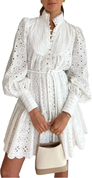 Ruffle Sleeve Tunic Midi Dress Flowy Shift Sundress Sweet Babydoll Button Down Swing Skirt