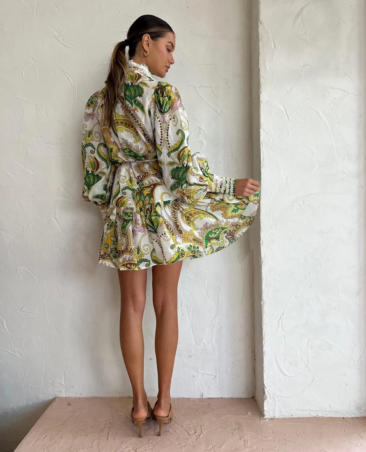 Ruffle Sleeve Tunic Midi Dress Flowy Shift Sundress Sweet Babydoll Button Down Swing Skirt