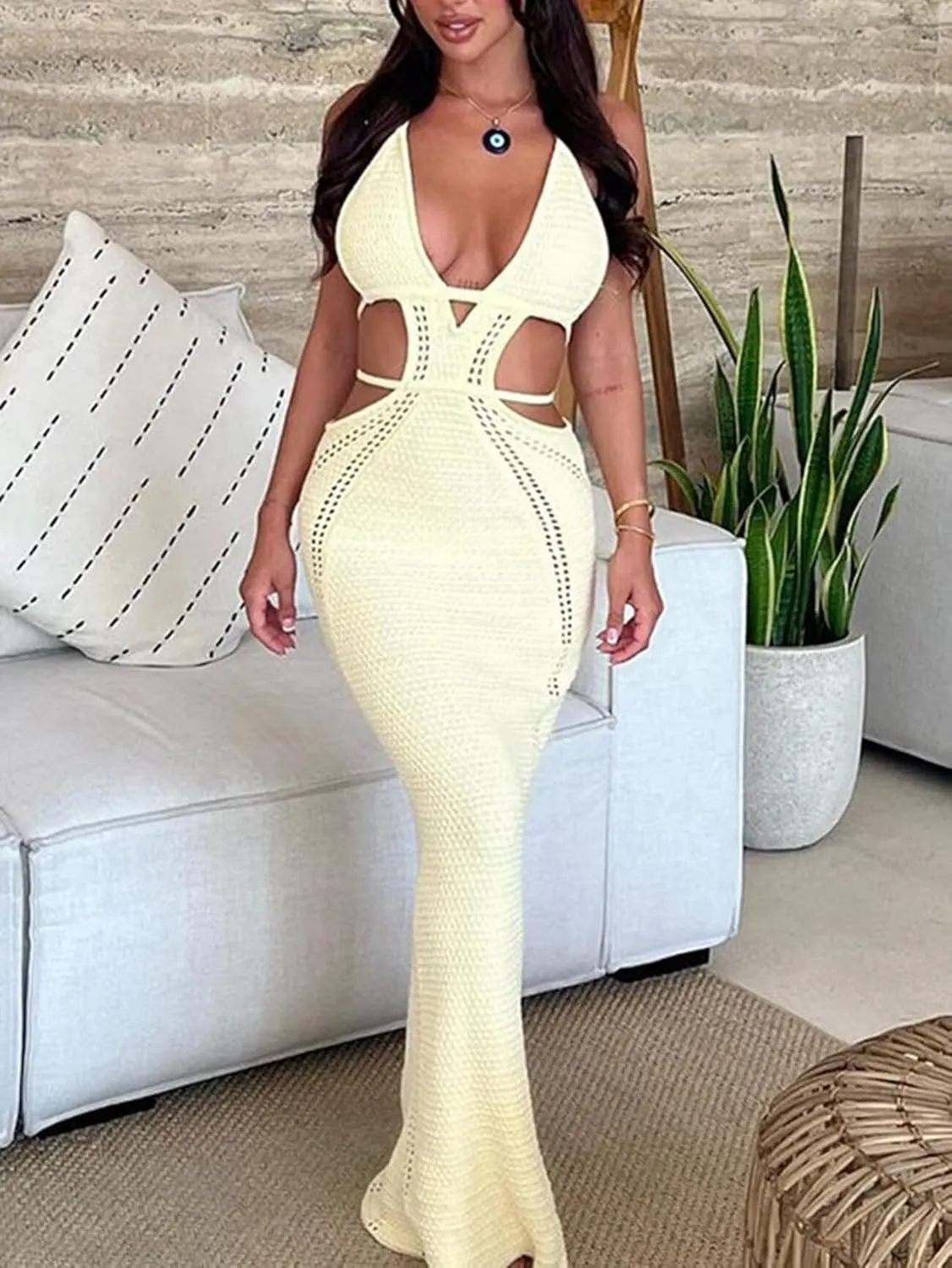 Ryehack Women's Halter Crochet Maxi Dress - Summer Sleeveless Backless V-Neck Hollow Out Beach Vacation Dress