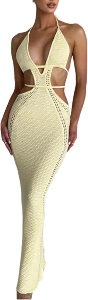 Ryehack Women's Halter Crochet Maxi Dress - Summer Sleeveless Backless V-Neck Hollow Out Beach Vacation Dress