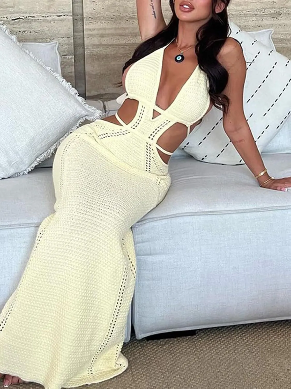 Ryehack Women's Halter Crochet Maxi Dress - Summer Sleeveless Backless V-Neck Hollow Out Beach Vacation Dress