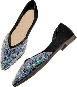 SAILING LU Sparkly Dressy Flats for Women Pointed Toe Crystals Bridal Wedding Shoes Bow-Knot Comfortable Loafers Slip-ons Black Nude