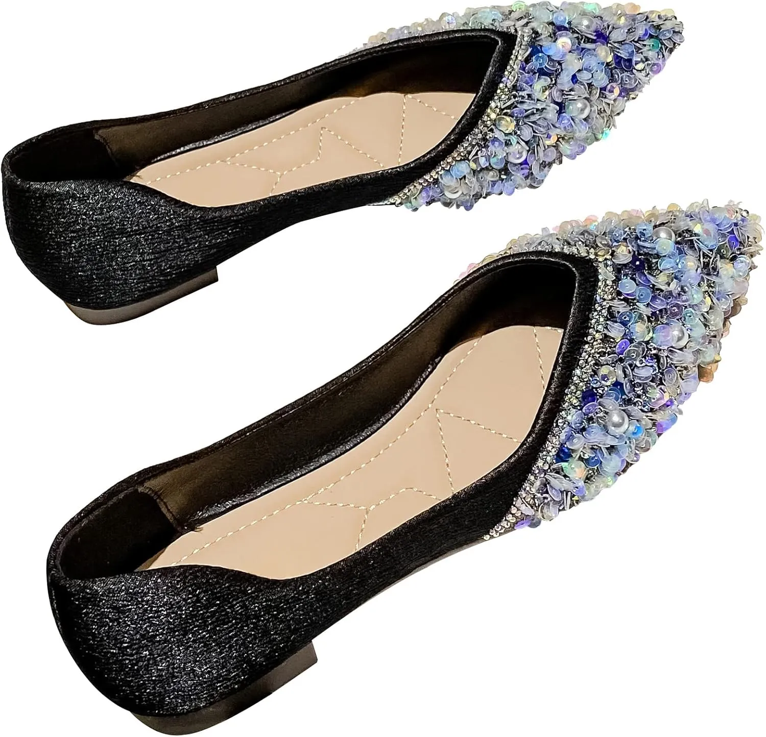 SAILING LU Sparkly Dressy Flats for Women Pointed Toe Crystals Bridal Wedding Shoes Bow-Knot Comfortable Loafers Slip-ons Black Nude