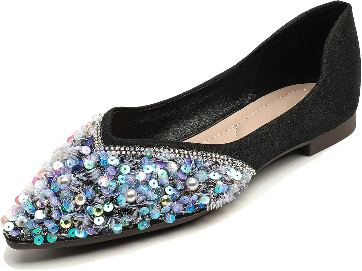 SAILING LU Sparkly Dressy Flats for Women Pointed Toe Crystals Bridal Wedding Shoes Bow-Knot Comfortable Loafers Slip-ons Black Nude