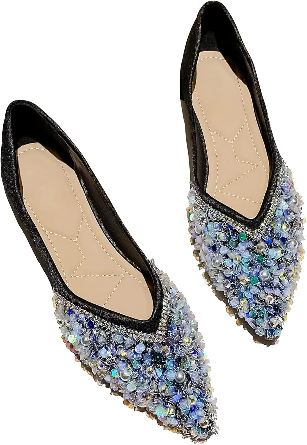 SAILING LU Sparkly Dressy Flats for Women Pointed Toe Crystals Bridal Wedding Shoes Bow-Knot Comfortable Loafers Slip-ons Black Nude
