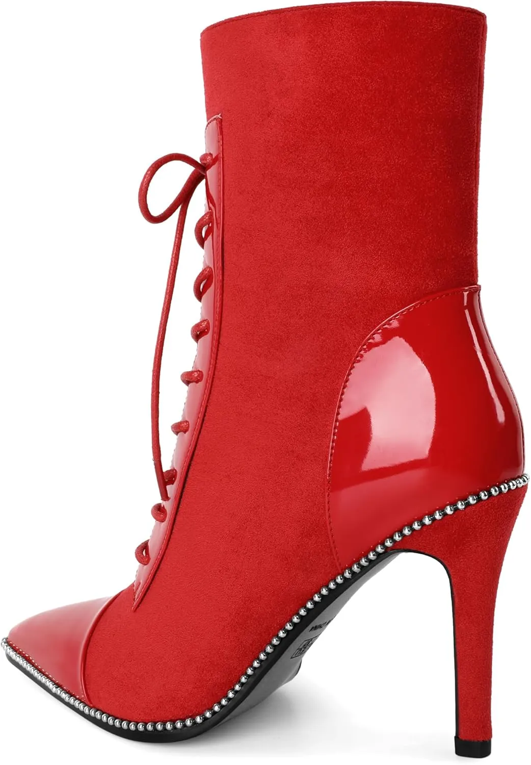 SAMMITOP Women's Lace Up Ankle Boots High Stiletto Heel Pointy Toe Fashion Heeled Booties Silver Beaded Side Zipper Short Boots Shoes 4 Inch