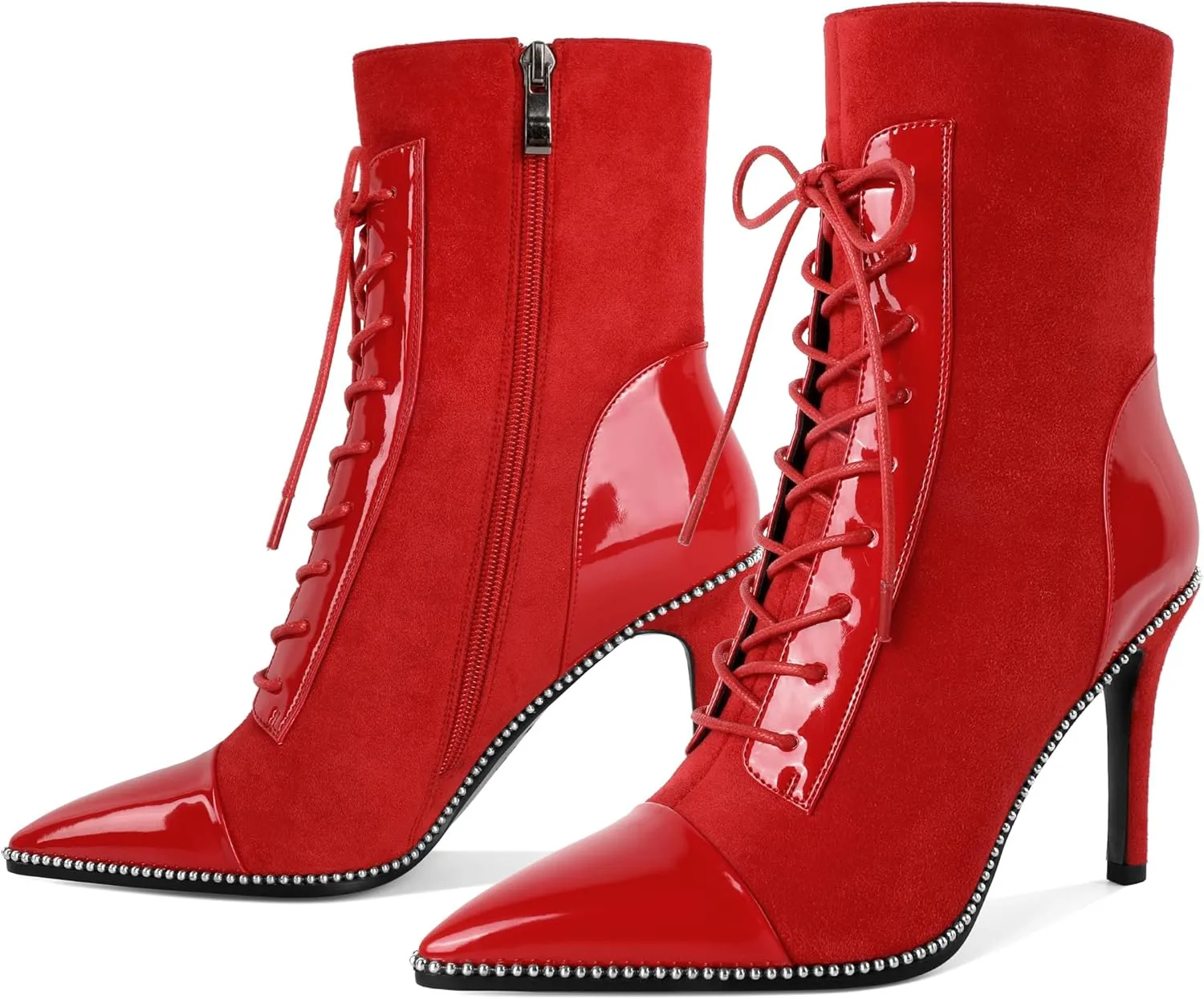 SAMMITOP Women's Lace Up Ankle Boots High Stiletto Heel Pointy Toe Fashion Heeled Booties Silver Beaded Side Zipper Short Boots Shoes 4 Inch