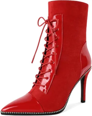 SAMMITOP Women's Lace Up Ankle Boots High Stiletto Heel Pointy Toe Fashion Heeled Booties Silver Beaded Side Zipper Short Boots Shoes 4 Inch
