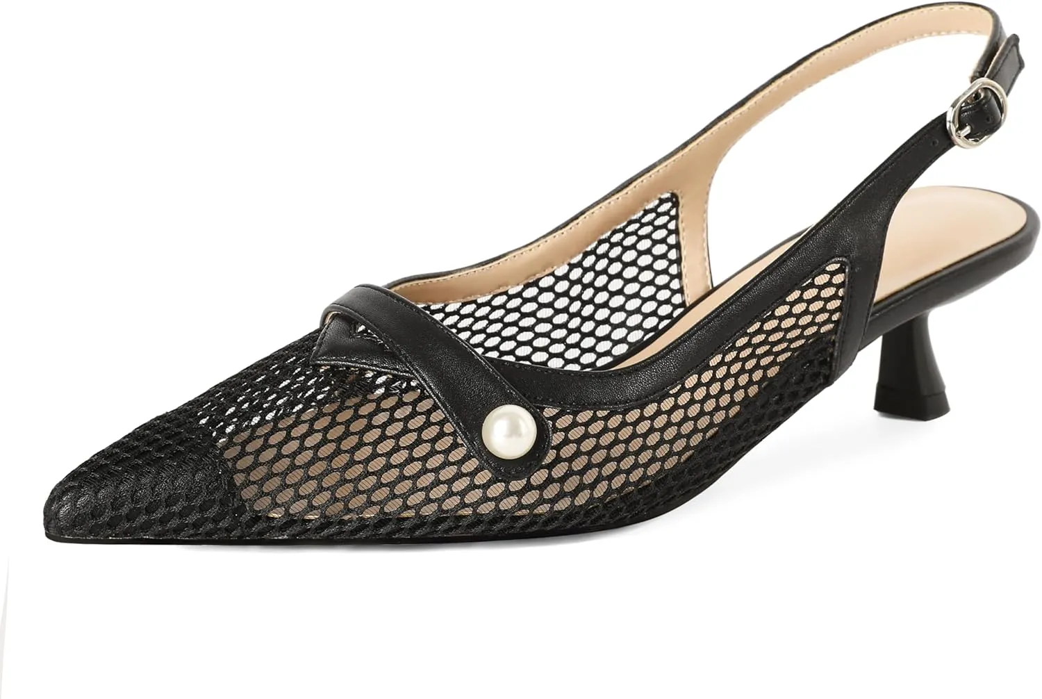 SAMMITOP Womens Slingback Kitten Heels Closed Pointed Toe Low Heel Mesh Pumps Pearl Strap Dress Shoes 1.5 Inches