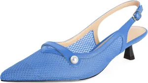 SAMMITOP Womens Slingback Kitten Heels Closed Pointed Toe Low Heel Mesh Pumps Pearl Strap Dress Shoes 1.5 Inches