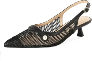 SAMMITOP Womens Slingback Kitten Heels Closed Pointed Toe Low Heel Mesh Pumps Pearl Strap Dress Shoes 1.5 Inches