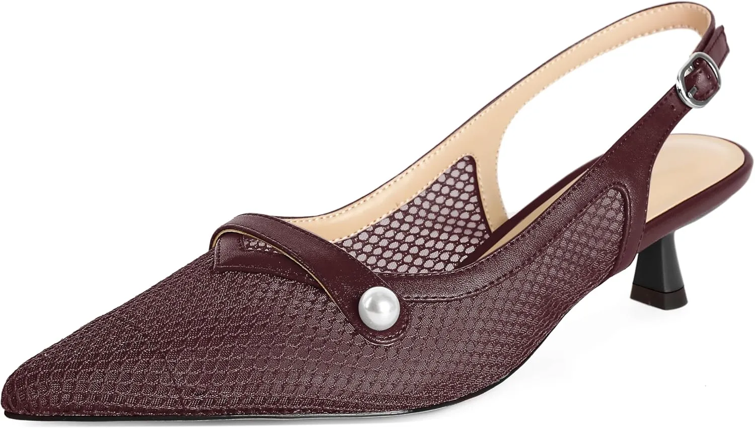 SAMMITOP Womens Slingback Kitten Heels Closed Pointed Toe Low Heel Mesh Pumps Pearl Strap Dress Shoes 1.5 Inches